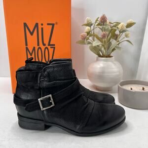 Miz Mooz Suzy Pebbled Leather Buckle Boot Ruched Zip Up Black Women's 39/8.5 NWB